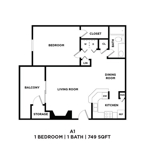 A 1 bedroom apartment with 1 bathroom and a total area of 749 sqft.